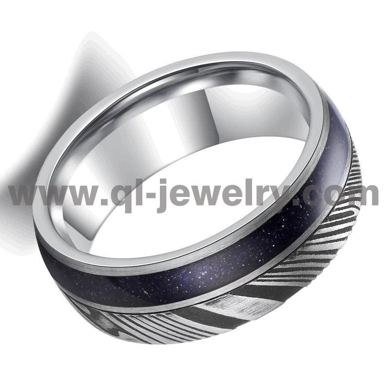 Affordable and Unique Damascus Steel Wedding Bands Damascus Steel and Tungsten Ring with Blue Sandstone Inlay China Manufacturer