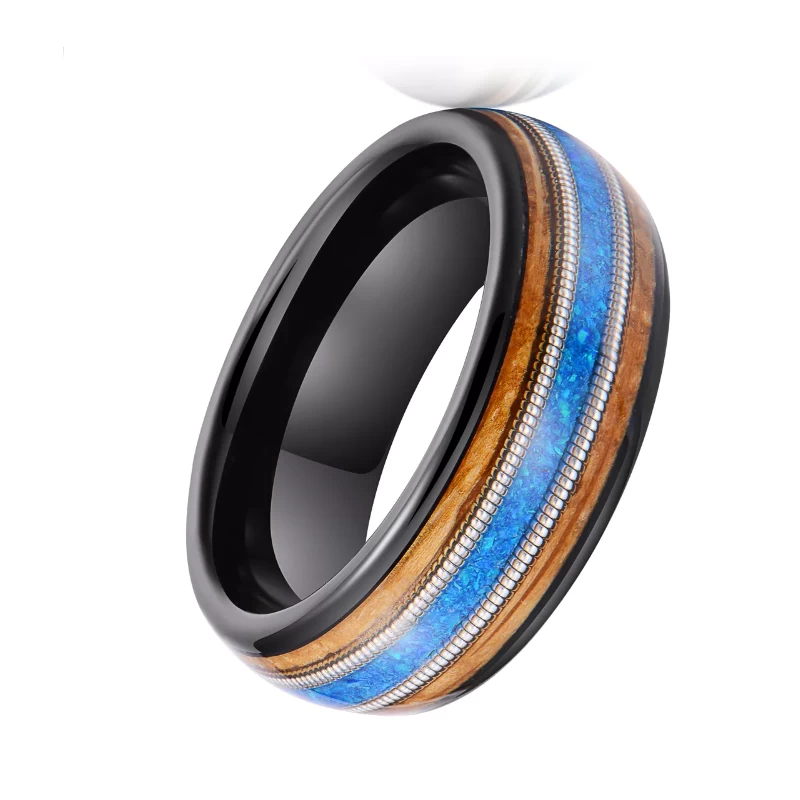 High Quality and Affordable Black Tungste Wedding Bands Inlaid with Whisky Barrel Wood and Blue Opal and Guitar String China Manufacturer