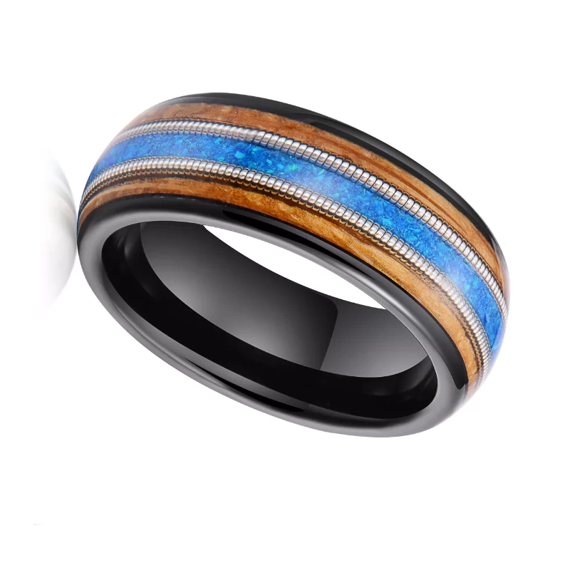 High Quality and Affordable Black Tungste Wedding Bands Inlaid with Whisky Barrel Wood and Blue Opal and Guitar String China Manufacturer
