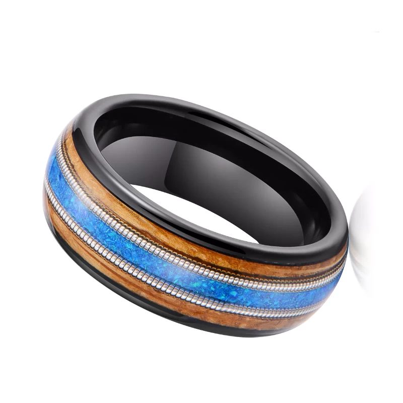 High Quality and Affordable Black Tungste Wedding Bands Inlaid with Whisky Barrel Wood and Blue Opal and Guitar String China Manufacturer