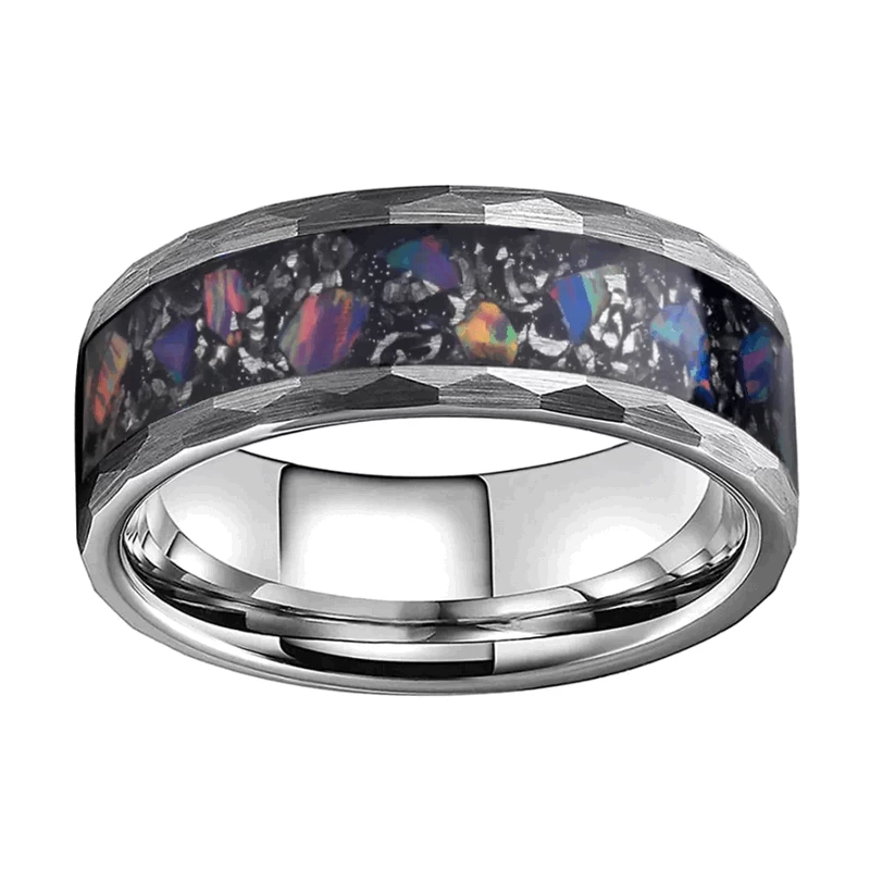 Best Tungsten Carbide Ring for Men Hammered Men's Tungsten Carbide Ring Inlaid with Real Purple Opal Metal Chip China Factory