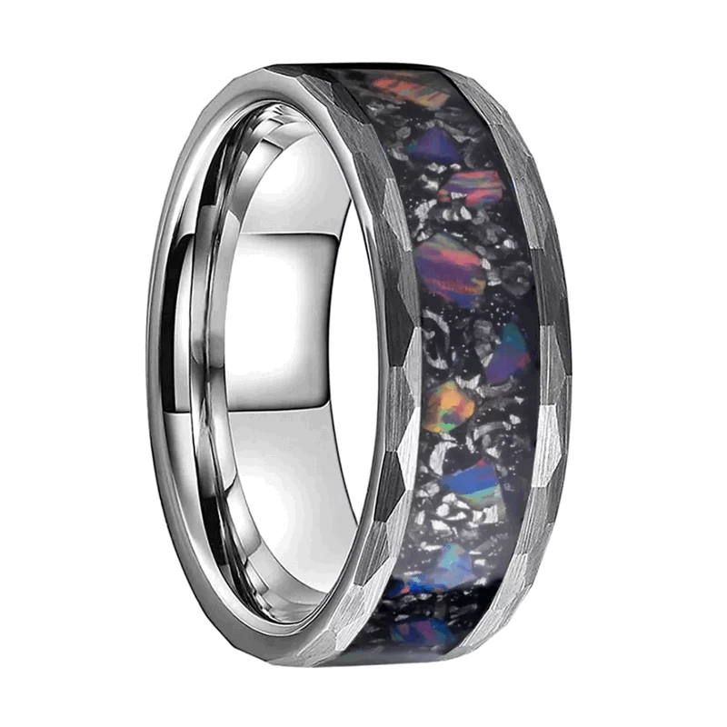 Best Tungsten Carbide Ring for Men Hammered Men's Tungsten Carbide Ring Inlaid with Real Purple Opal Metal Chip China Factory