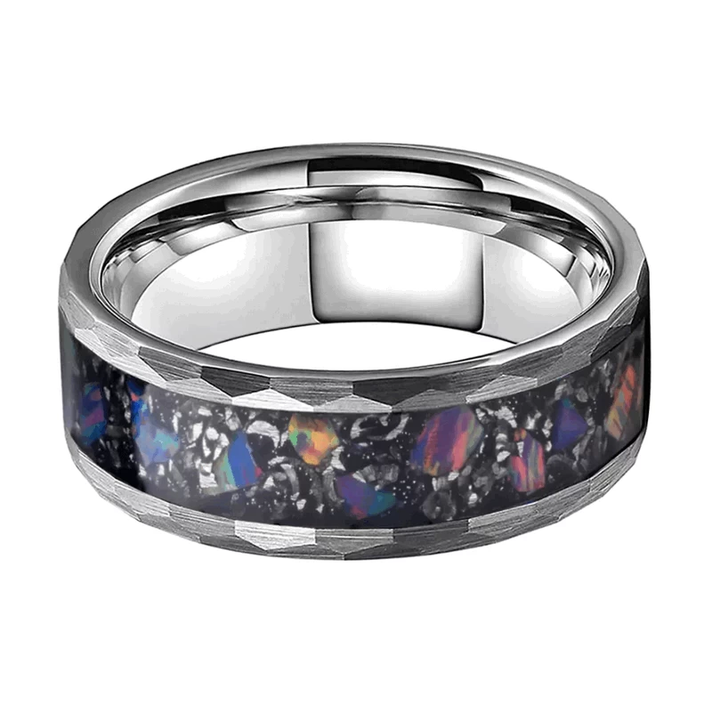 Best Tungsten Carbide Ring for Men Hammered Men's Tungsten Carbide Ring Inlaid with Real Purple Opal Metal Chip China Factory