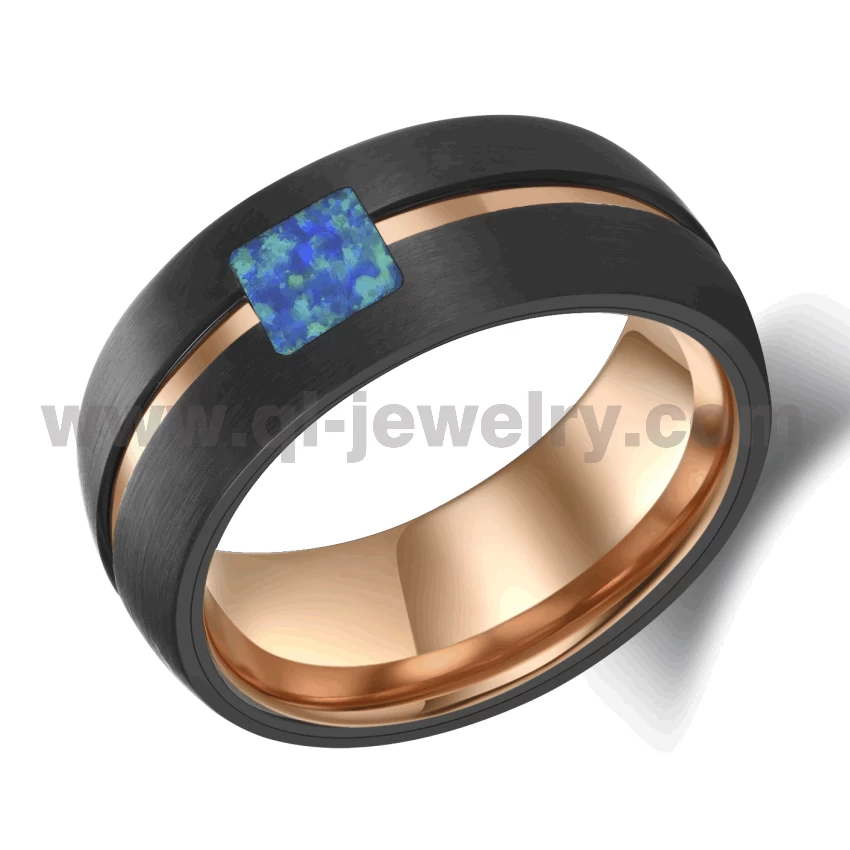 Bandes de mariage pour hommes de conception la plus récente Bague en carbure de tungstène à deux tons Bague en tungstène en forme de dôme noir et or rose avec incrustation d'opale de canal Fournisseur de la Chine