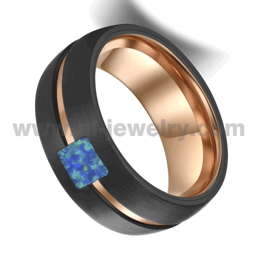 Bandes de mariage pour hommes de conception la plus récente Bague en carbure de tungstène à deux tons Bague en tungstène en forme de dôme noir et or rose avec incrustation d'opale de canal Fournisseur de la Chine
