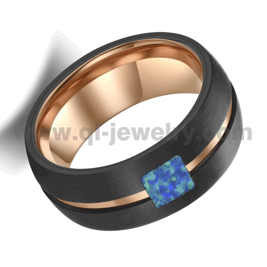 Bandes de mariage pour hommes de conception la plus récente Bague en carbure de tungstène à deux tons Bague en tungstène en forme de dôme noir et or rose avec incrustation d'opale de canal Fournisseur de la Chine