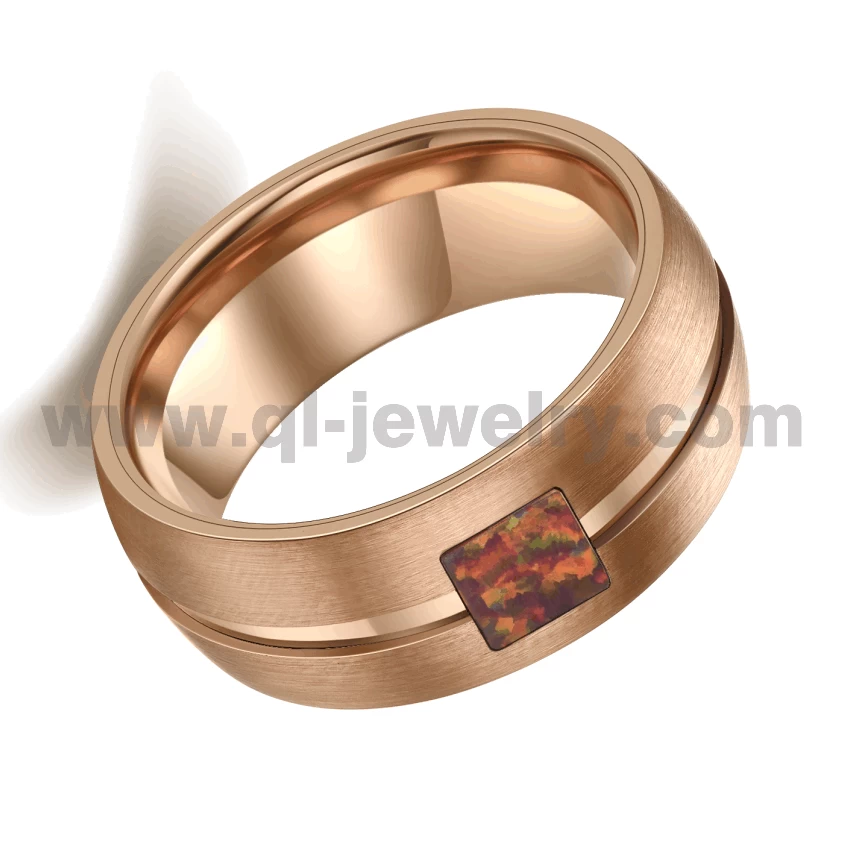 Fedi nuziali da uomo di design più recente Anello in tungsteno a cupola in oro rosa con canale e intarsio in opale rosso Fornitore della Cina