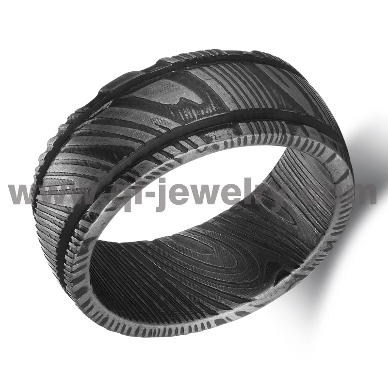 Affordable and Unique Mens Wedding Bands Black Damascus Steel Wedding Bands Domed  Black Damascus Ring with Two Lines China Manufacturer