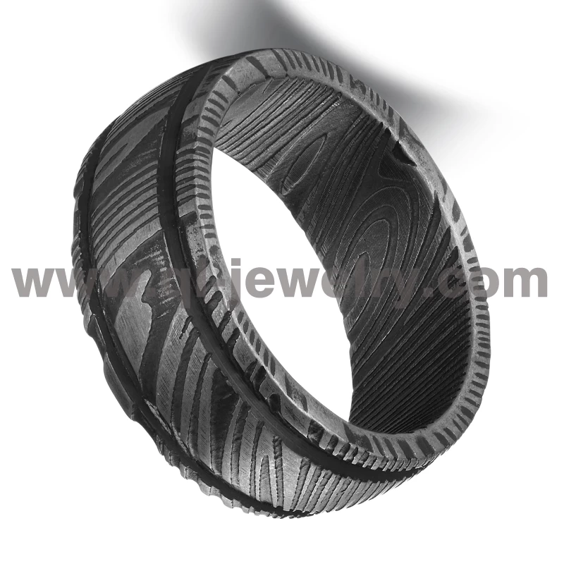 Affordable and Unique Mens Wedding Bands Black Damascus Steel Wedding Bands Domed  Black Damascus Ring with Two Lines China Manufacturer