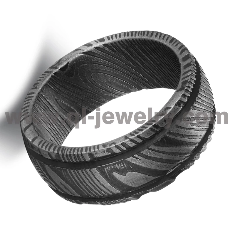Affordable and Unique Mens Wedding Bands Black Damascus Steel Wedding Bands Domed  Black Damascus Ring with Two Lines China Manufacturer