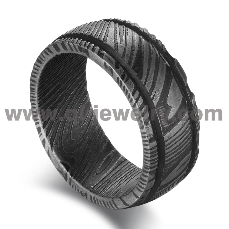 Affordable and Unique Mens Wedding Bands Black Damascus Steel Wedding Bands Domed  Black Damascus Ring with Two Lines China Manufacturer