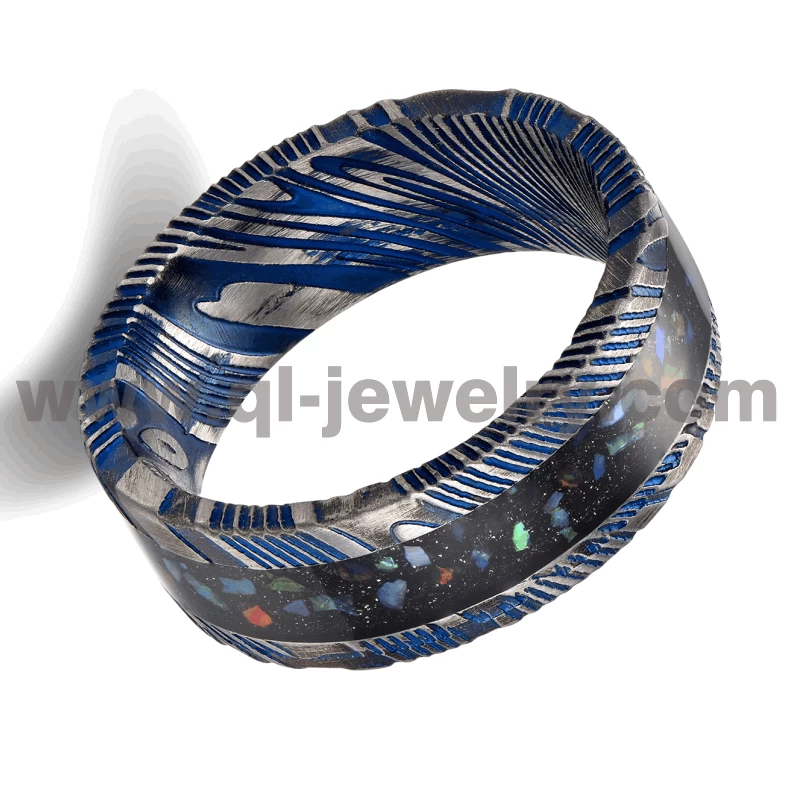 La galaxie et l'espace Design Alliances en acier de Damas bleu Bague en acier de Damas bleu plat avec incrustation d'opale et de grès noir China Factory