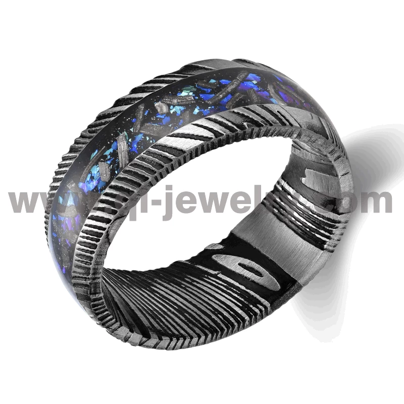 Newest Design The Galaxy Black Damascus Steel Wedding Bands 8MM Domed Black Damascus Steel Ring with Nebula and Foil Inlay China Factory