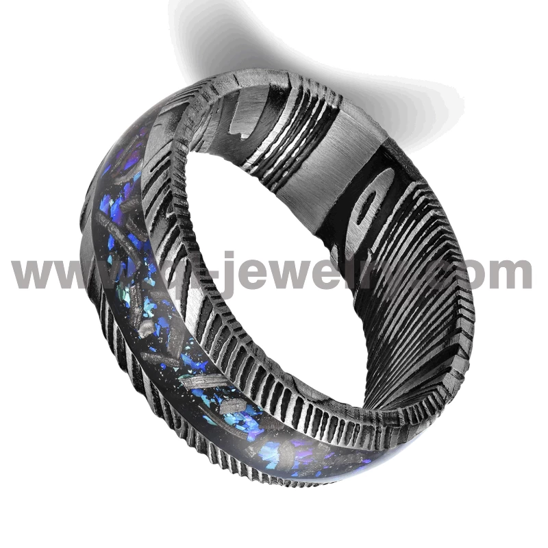 Newest Design The Galaxy Black Damascus Steel Wedding Bands 8MM Domed Black Damascus Steel Ring with Nebula and Foil Inlay China Factory