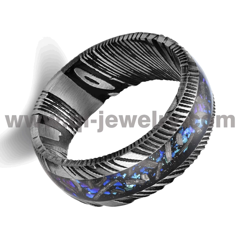 Newest Design The Galaxy Black Damascus Steel Wedding Bands 8MM Domed Black Damascus Steel Ring with Nebula and Foil Inlay China Factory