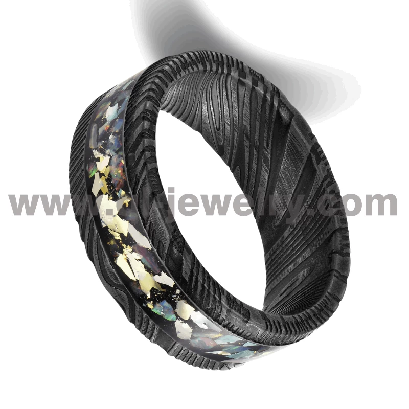 Neuestes Design The Galaxy Design Eheringe aus schwarzem Damaskus-Stahl 8 mm flacher schwarzer Damaskus-Stahlring mit Inlay aus Nebel und Opal China Hersteller