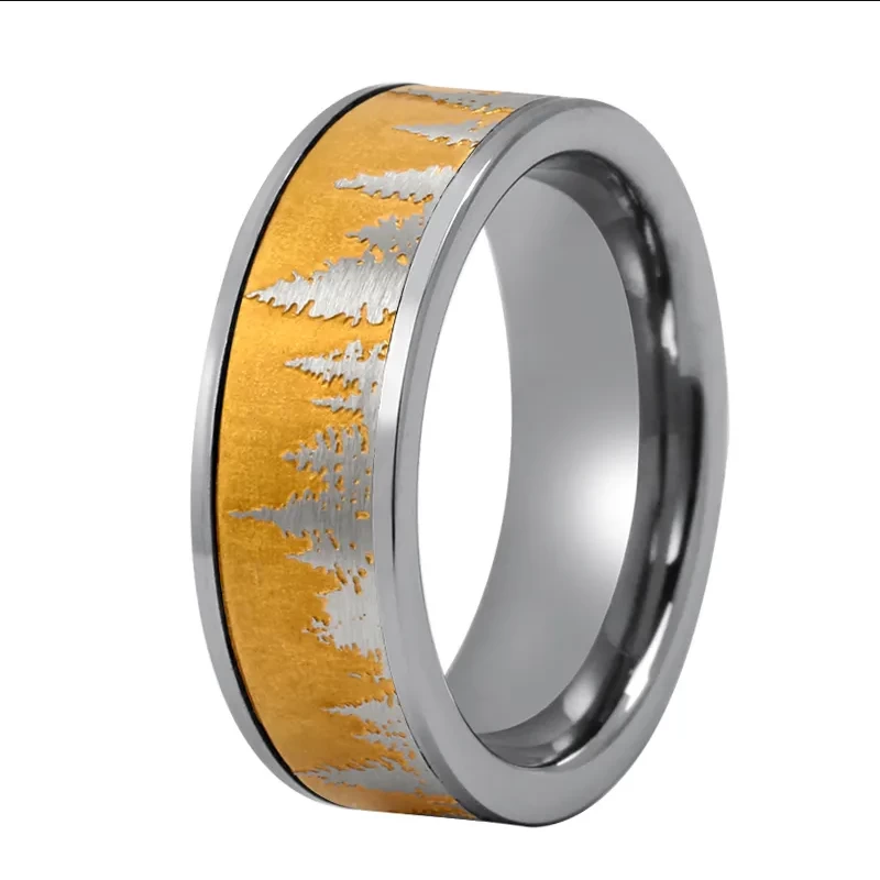 Hochwertige und erschwingliche Wolframkarbid-Ring-Goldwald-Gebirgsring-Laser-Landschafts-Herren-Wolfram-Hochzeits-Band-China-Hersteller