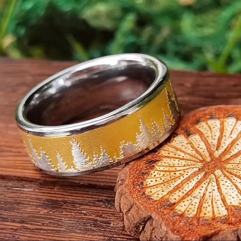Hochwertige und erschwingliche Wolframkarbid-Ring-Goldwald-Gebirgsring-Laser-Landschafts-Herren-Wolfram-Hochzeits-Band-China-Hersteller