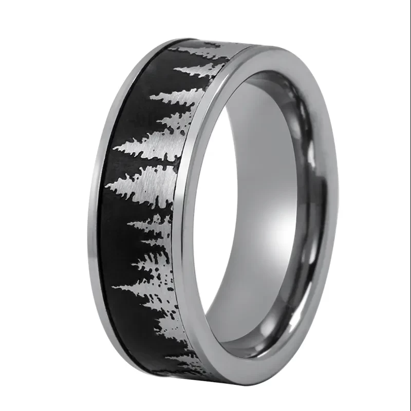 Chine Bague en carbure de tungstène de haute qualité et abordable Anneau de montagne de la Forêt-Noire Paysage laser Bandes de mariage en tungstène pour hommes Fabricants