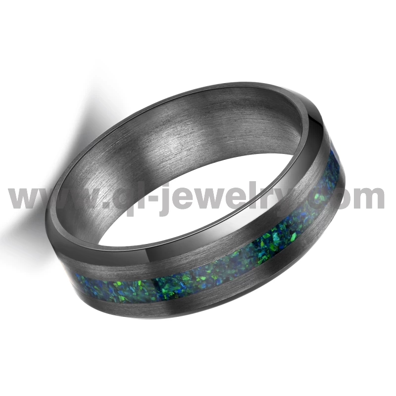 Rare metal wedding band for men women 6mm beveled edges pure tantalum ring with green opal inlay China Manufacturer