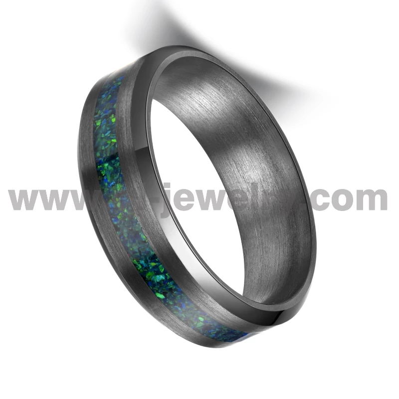 Rare metal wedding band for men women 6mm beveled edges pure tantalum ring with green opal inlay China Manufacturer