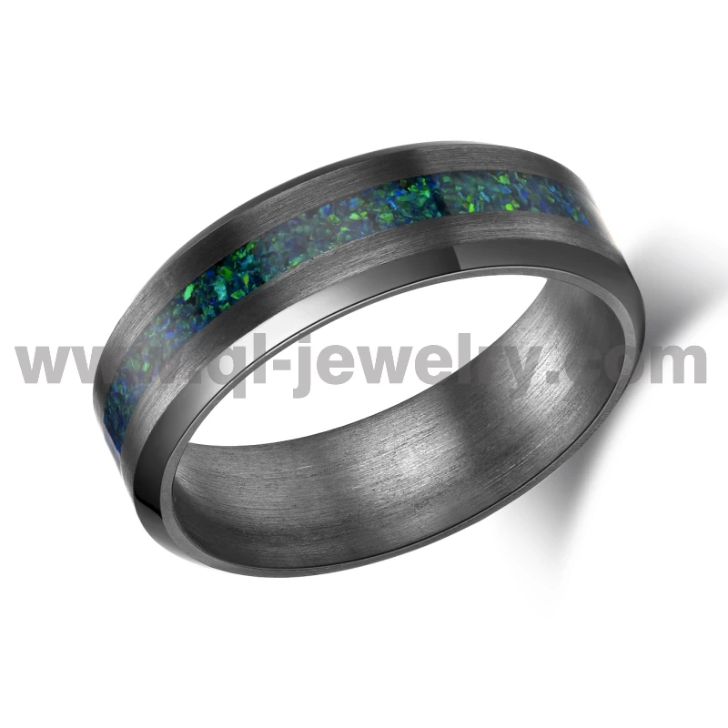 Rare metal wedding band for men women 6mm beveled edges pure tantalum ring with green opal inlay China Manufacturer