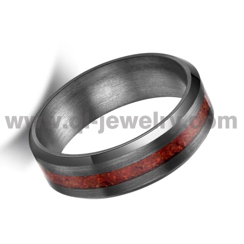 Seltener Metall-Ehering für Männer und Frauen. 6 mm abgeschrägter Ring aus reinem Tantal mit roter Opaleinlage. China-Hersteller