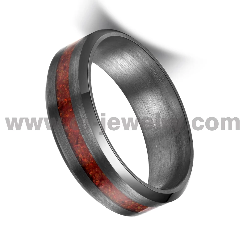 Seltener Metall-Ehering für Männer und Frauen. 6 mm abgeschrägter Ring aus reinem Tantal mit roter Opaleinlage. China-Hersteller