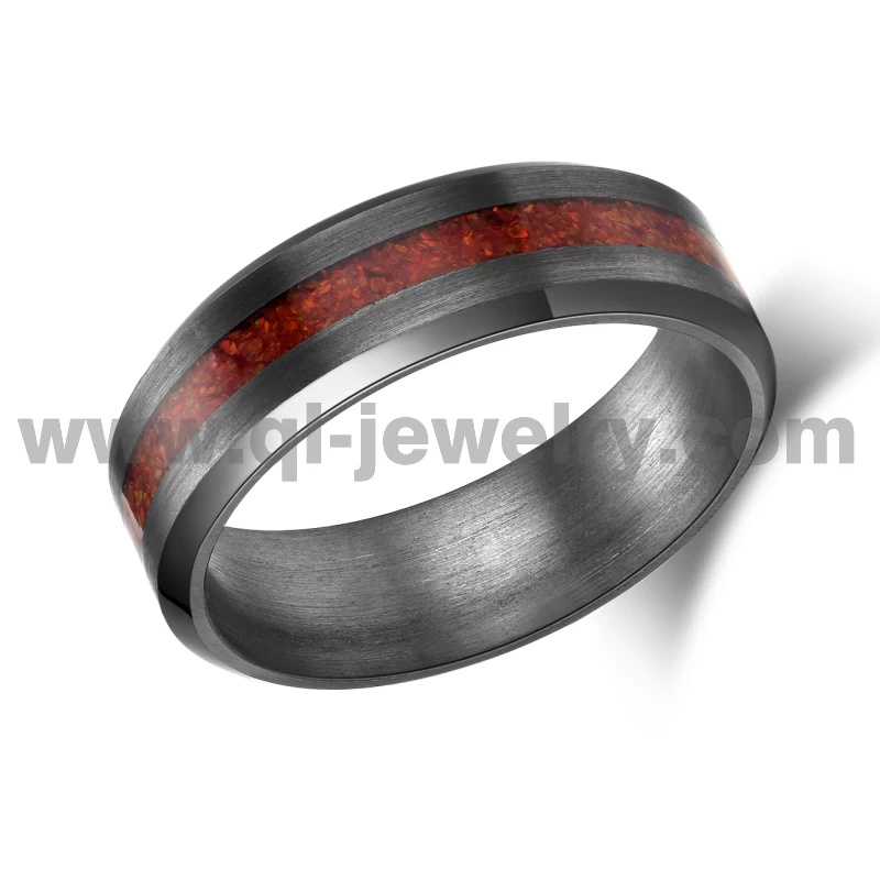 Seltener Metall-Ehering für Männer und Frauen. 6 mm abgeschrägter Ring aus reinem Tantal mit roter Opaleinlage. China-Hersteller