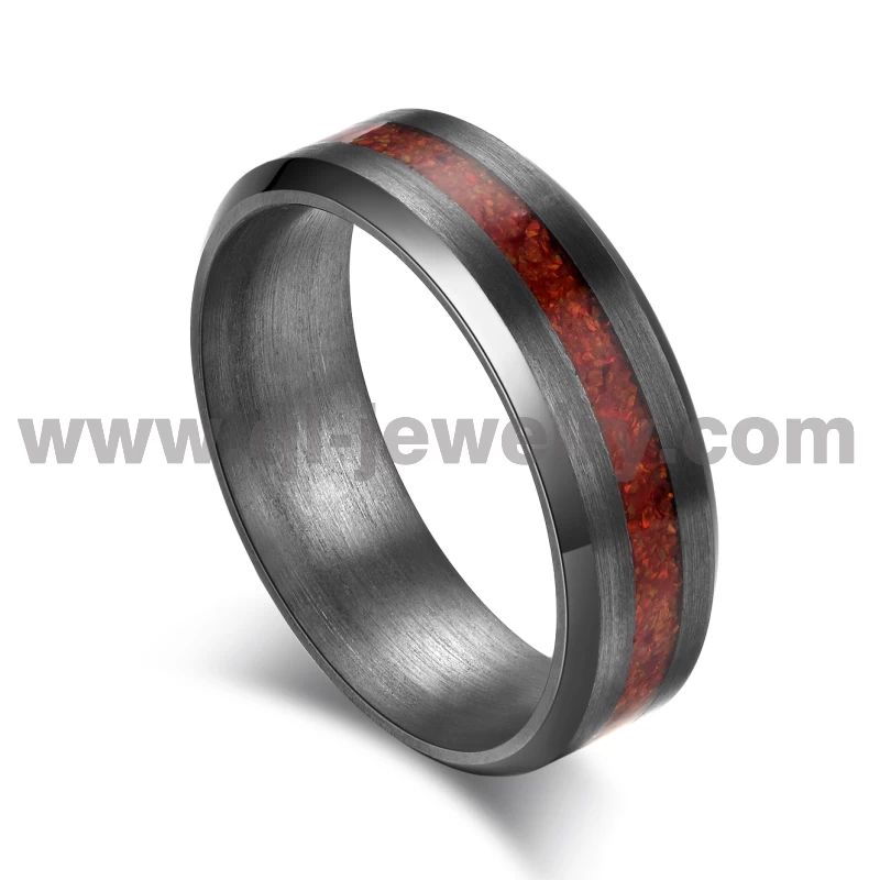 Seltener Metall-Ehering für Männer und Frauen. 6 mm abgeschrägter Ring aus reinem Tantal mit roter Opaleinlage. China-Hersteller