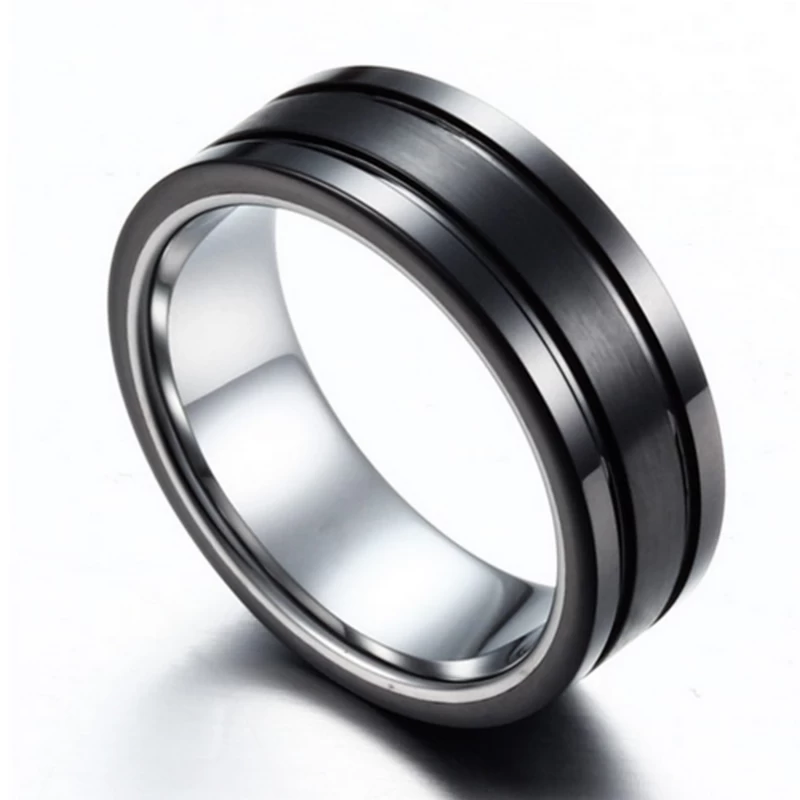 Chine La plus récente conception en carbure de tungstène de 8 mm et anneau en céramique noire brossée pour hommes, bandes de mariage en tungstène, fabricant