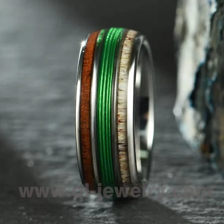 Anello da pesca verde di alta qualità e moda conveniente con corna di alce e anello vuoto in carburo di tungsteno di legno Makore per uomo