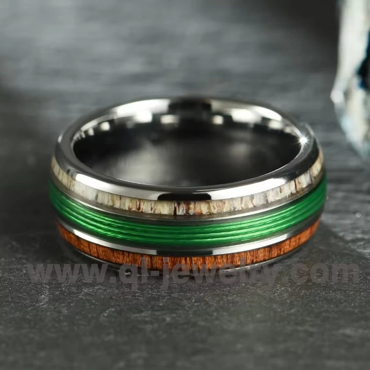 Anello da pesca verde di alta qualità e moda conveniente con corna di alce e anello vuoto in carburo di tungsteno di legno Makore per uomo
