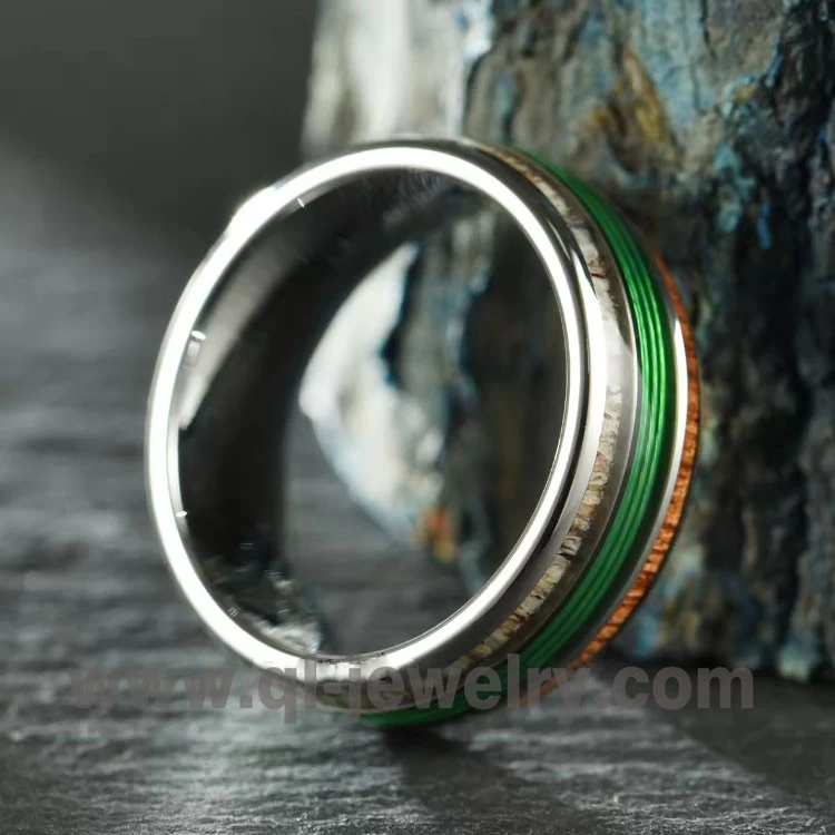 Anello da pesca verde di alta qualità e moda conveniente con corna di alce e anello vuoto in carburo di tungsteno di legno Makore per uomo