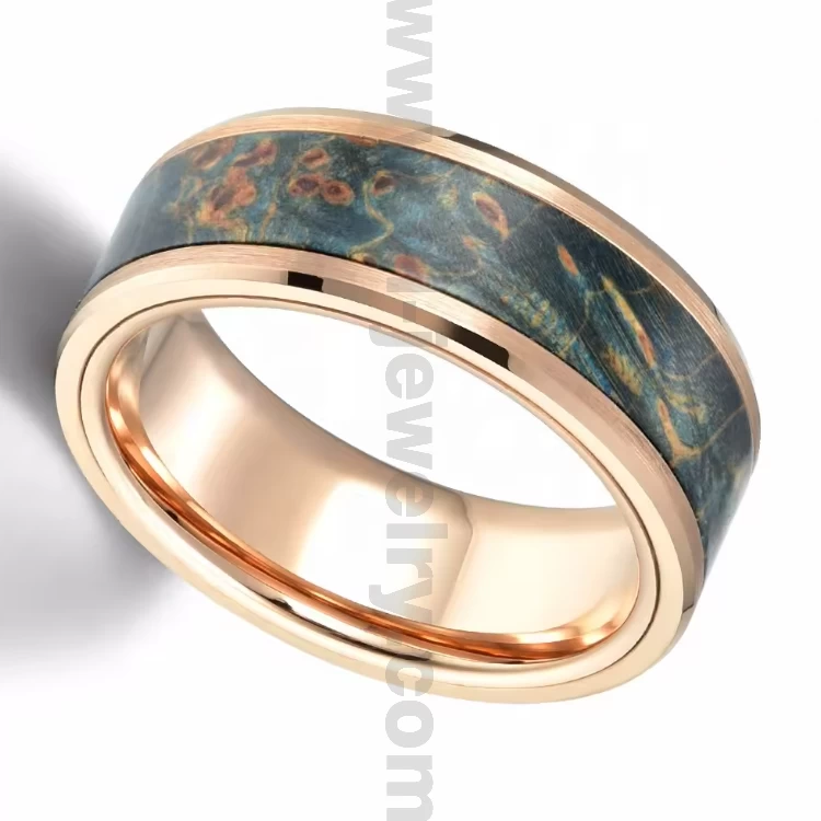 QL Anelli all'ingrosso di gioielli Fede nuziale in tungsteno in oro rosa con anello in legno stabilizzato verde