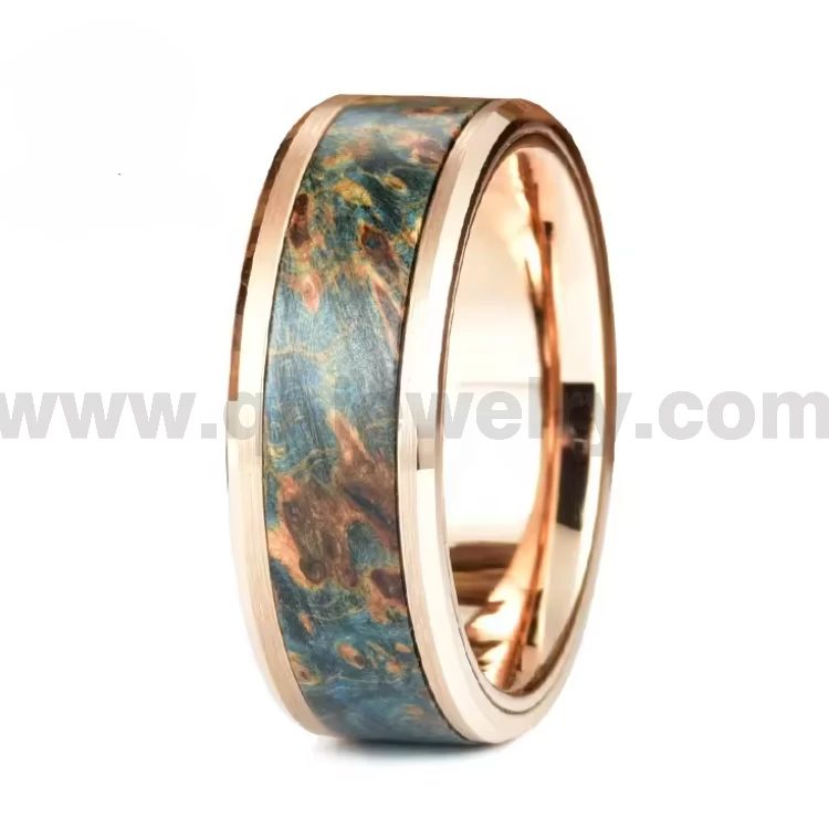 QL Anelli all'ingrosso di gioielli Fede nuziale in tungsteno in oro rosa con anello in legno stabilizzato verde