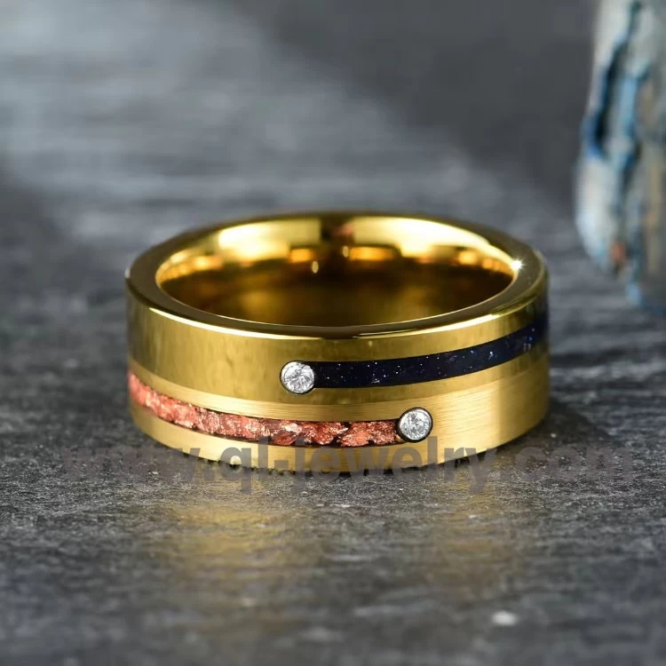 Cina Anelli di fidanzamento con cz in lamina d'oro in arenaria blu di alta qualità Anello da uomo con fascia nuziale placcato oro 18 carati in tungsteno spazzolato Produttori