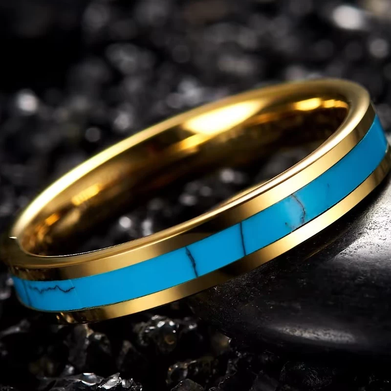 Chine Alliance en carbure de tungstène plaqué or hautement poli de 4 mm avec incrustation turquoise Fabricants