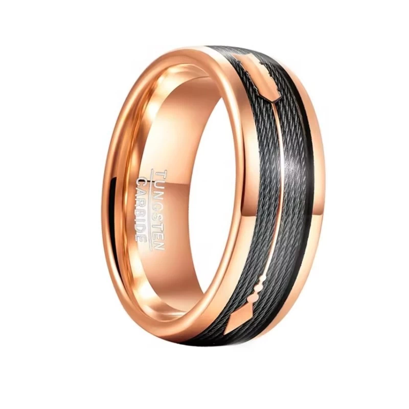 Großhandel für Herren aus gewölbtem Roségold-Wolframkarbid-Ring mit schwarzer Angelschnur und Roségold-Pfeil, China-Lieferant