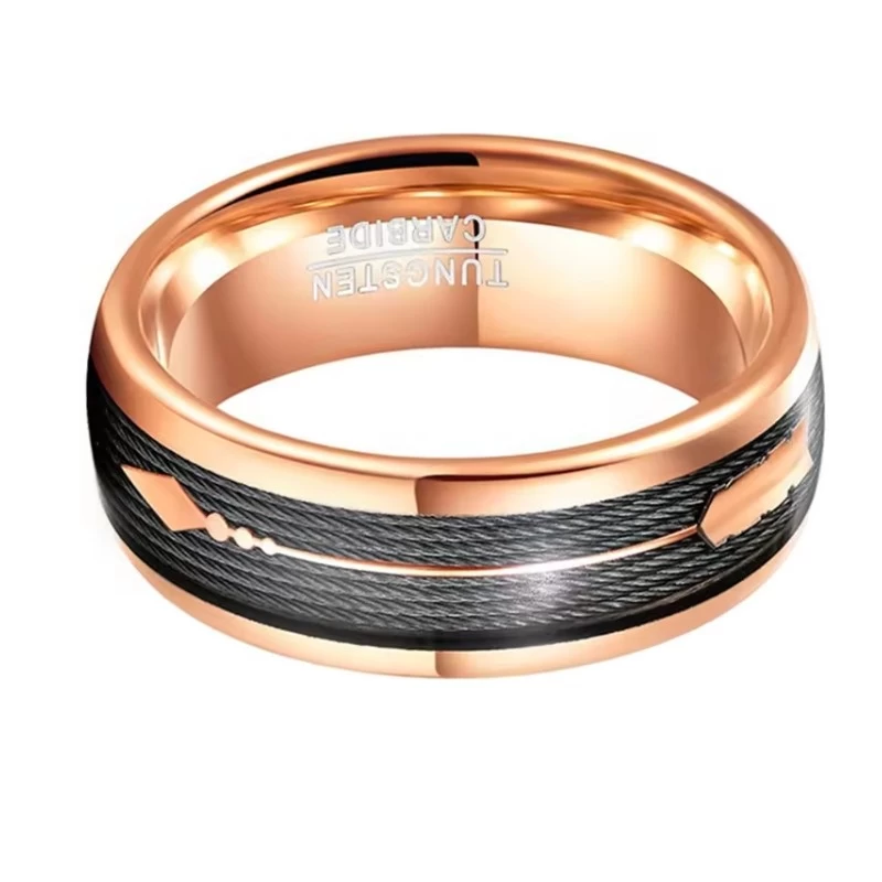 Großhandel für Herren aus gewölbtem Roségold-Wolframkarbid-Ring mit schwarzer Angelschnur und Roségold-Pfeil, China-Lieferant