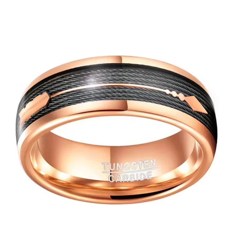 Großhandel für Herren aus gewölbtem Roségold-Wolframkarbid-Ring mit schwarzer Angelschnur und Roségold-Pfeil, China-Lieferant