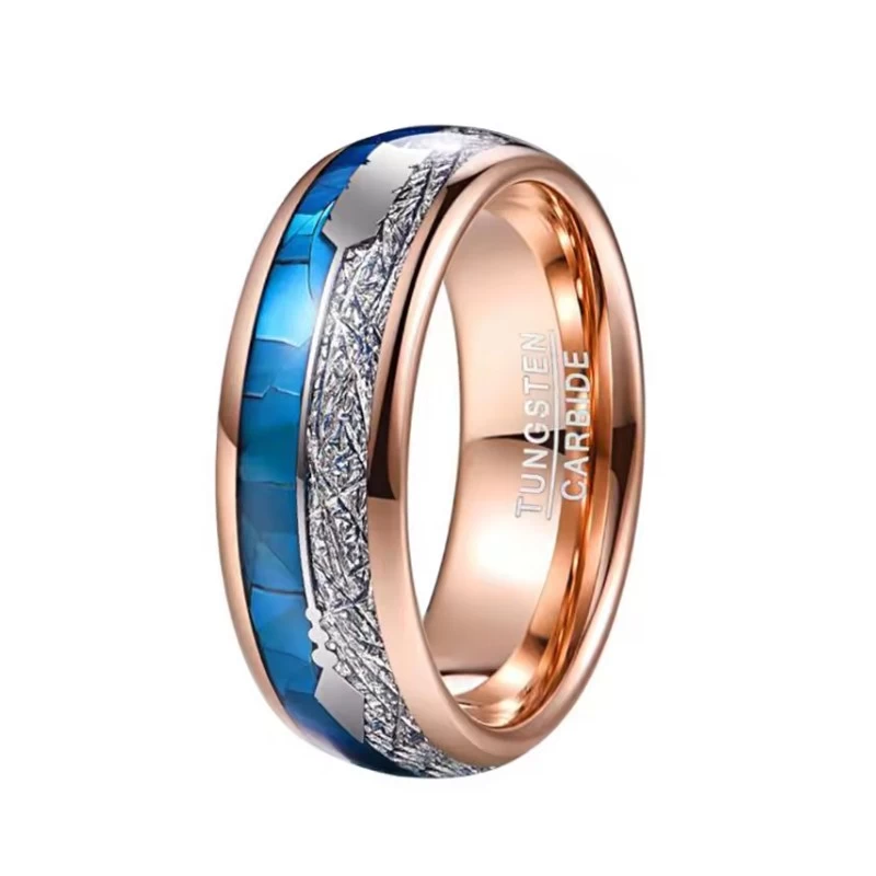 Fashion New  Men's Wedding Ring Domed Rose Gold Tungsten Carbide Ring with Silver Imitate Meteorite and Arrow and Blue shell Inlay China Supplier