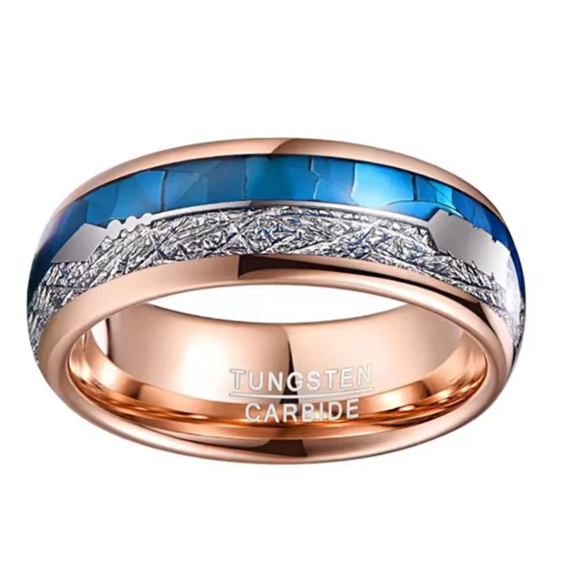 Fashion New  Men's Wedding Ring Domed Rose Gold Tungsten Carbide Ring with Silver Imitate Meteorite and Arrow and Blue shell Inlay China Supplier