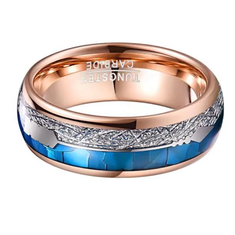 Fashion New  Men's Wedding Ring Domed Rose Gold Tungsten Carbide Ring with Silver Imitate Meteorite and Arrow and Blue shell Inlay China Supplier