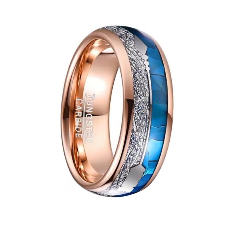Fashion New  Men's Wedding Ring Domed Rose Gold Tungsten Carbide Ring with Silver Imitate Meteorite and Arrow and Blue shell Inlay China Supplier