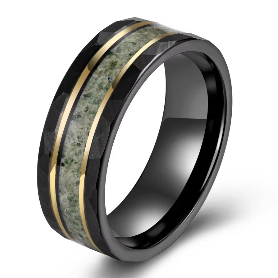 Newest Design High Polished and Hammered 8mm Moss Agate Inlay Black and Gold Plated Tungsten Wedding Ring for Men China Manufacturer