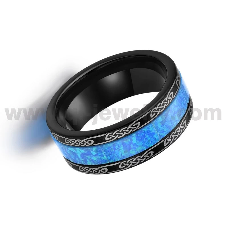Neuestes Design Herren-Eheringe, 10 mm, schwarzer keltischer Knoten-Wolframkarbid-Ring mit blauem Opal-Inlay, chinesischer Hersteller