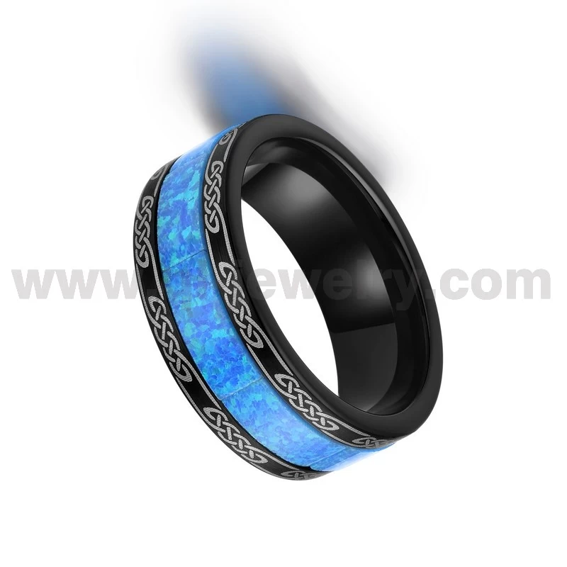 Neuestes Design Herren-Eheringe, 10 mm, schwarzer keltischer Knoten-Wolframkarbid-Ring mit blauem Opal-Inlay, chinesischer Hersteller
