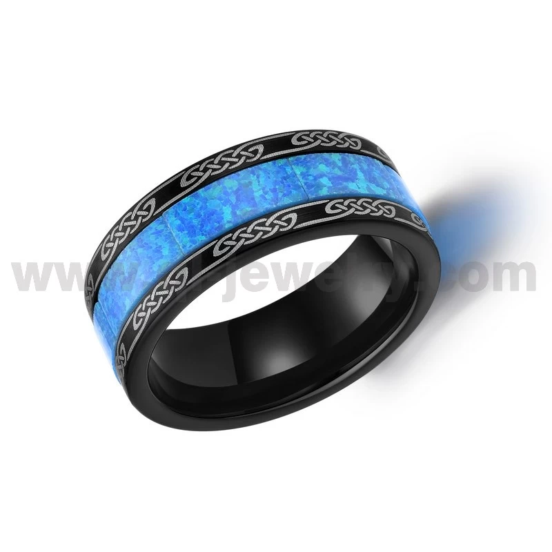 Neuestes Design Herren-Eheringe, 10 mm, schwarzer keltischer Knoten-Wolframkarbid-Ring mit blauem Opal-Inlay, chinesischer Hersteller