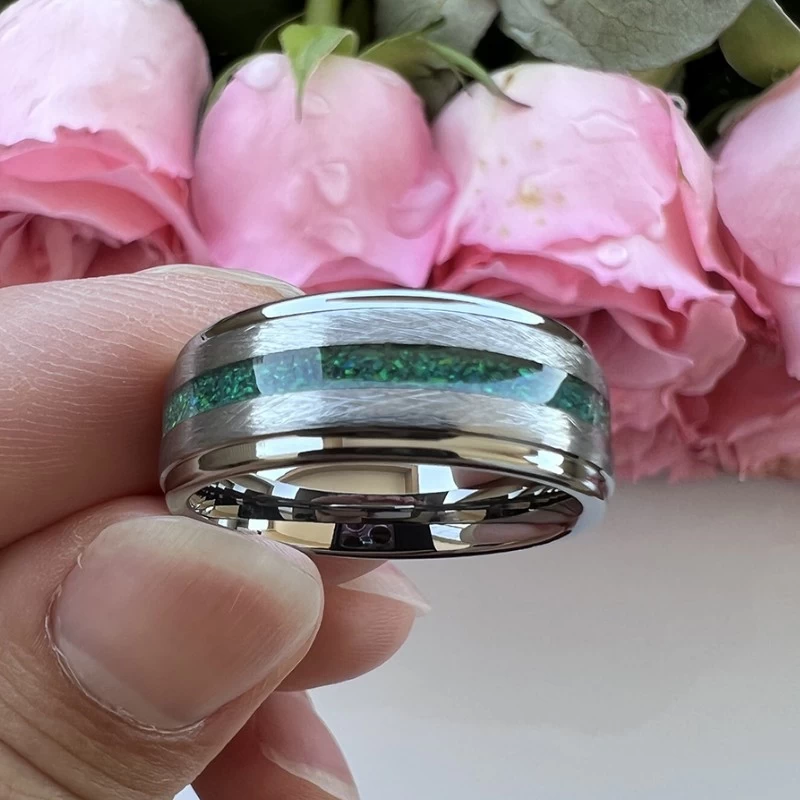 Newest Design Men's Wedding Bands 8mm Flat and Stepped Edges Mix Brushed Tungsten Carbide Ring with Green Opal Inlay China Factory